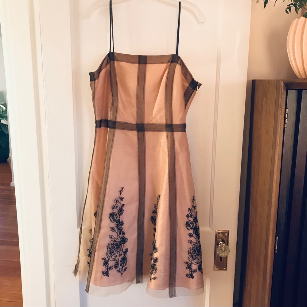 Peach satin and black tulle dress